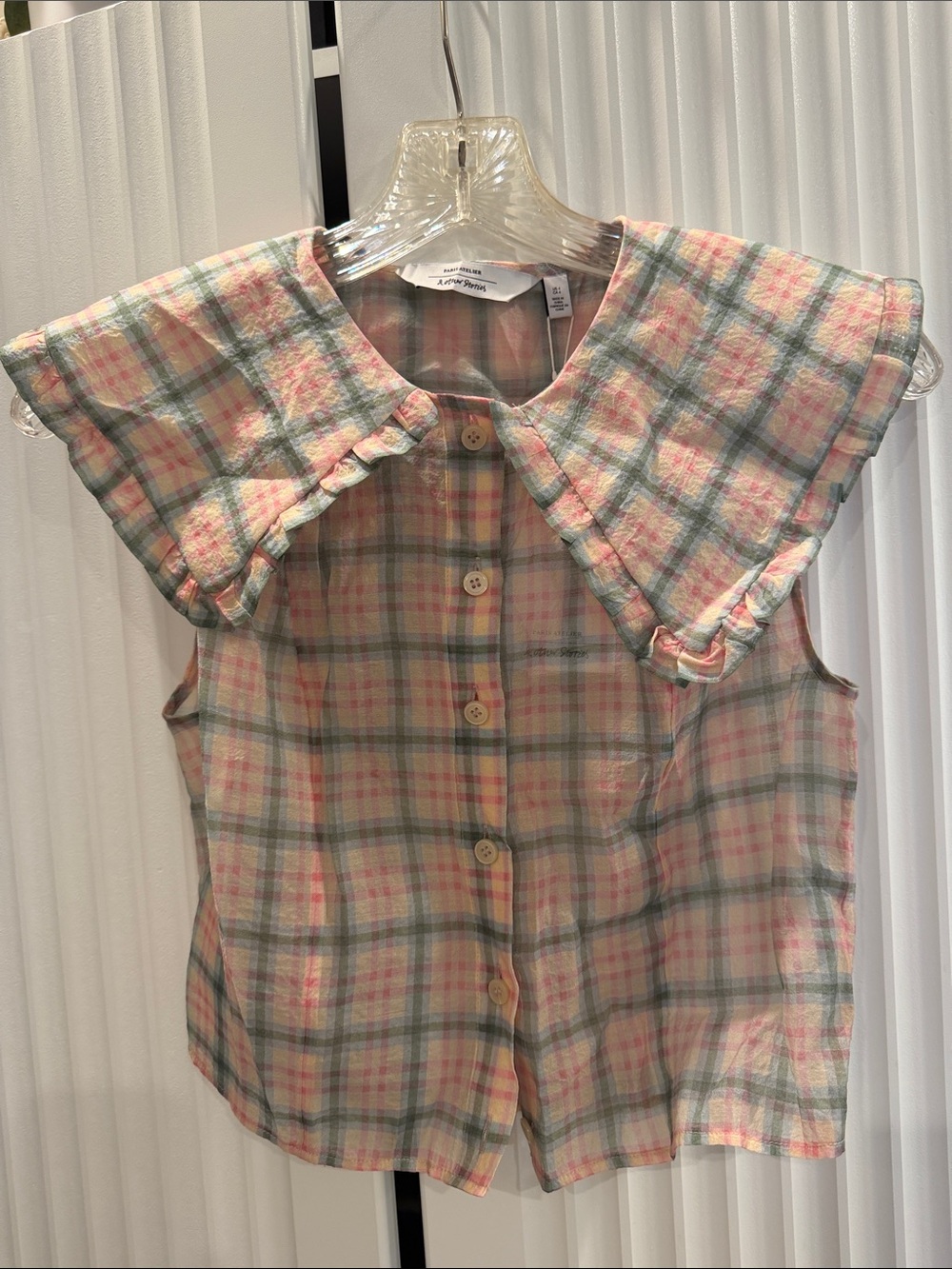 & Other Stories Pastel Plaid Sleeveless Button-Up Top with Ruffle Collar